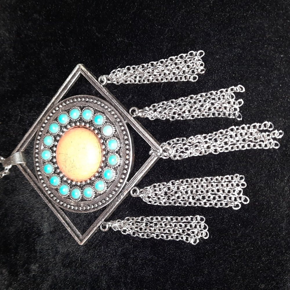 3/25$ sandstone faux turquoise/coral fringe fashion necklace silvertone - Picture 2 of 7